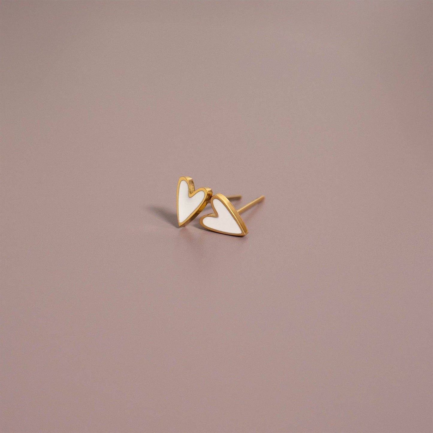 White Heart Stud Earrings: 18K Yellow Gold PVD Stainless Steel