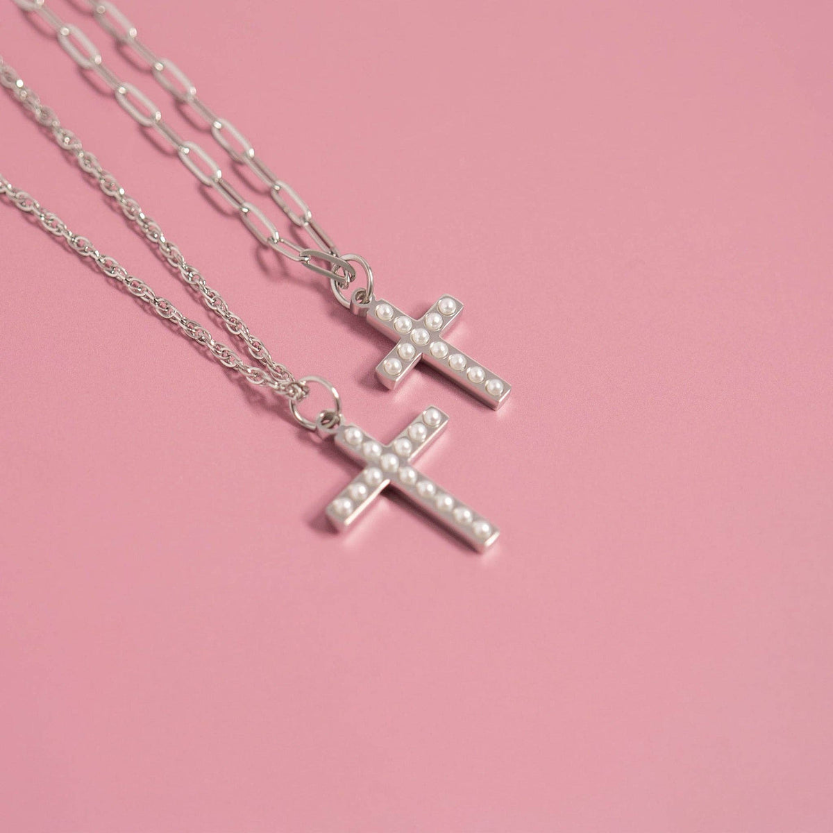 Pearl Beaded Cross Charm – 18K Gold PVD Stainless Steel (15mm)