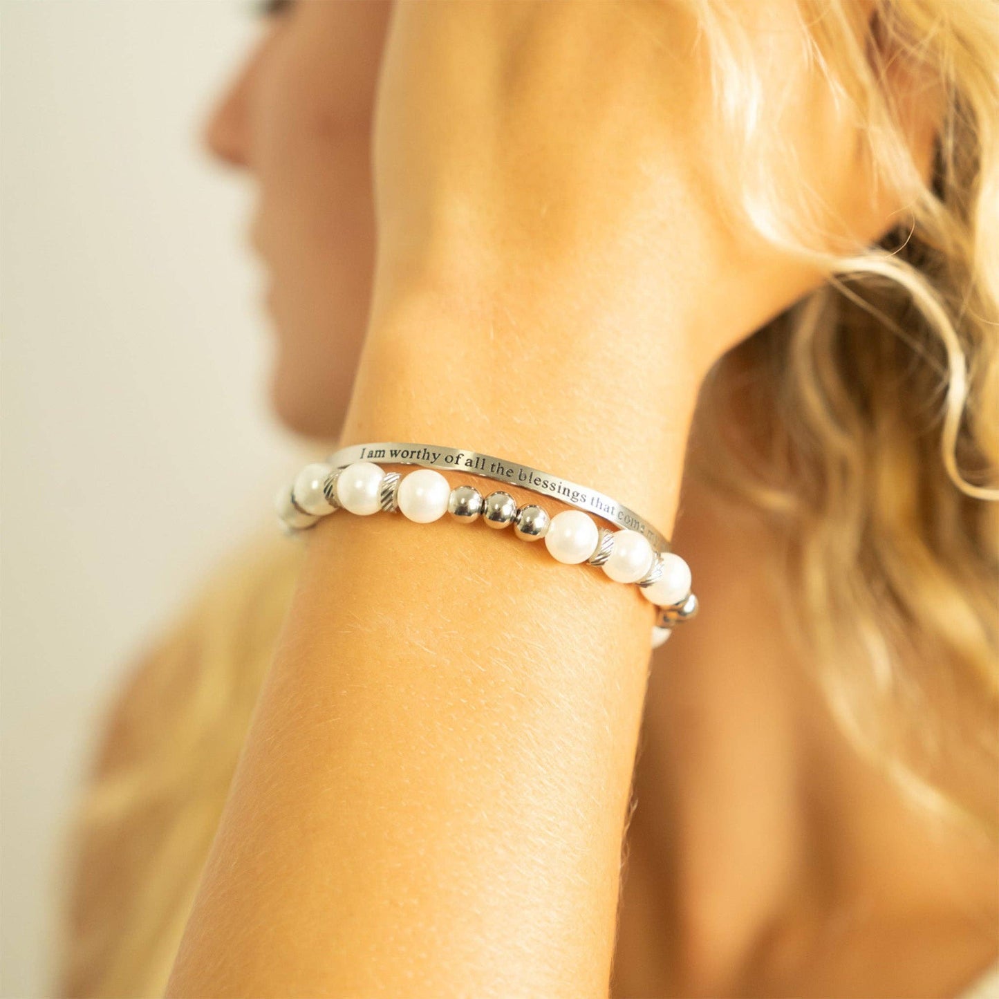 Worthy of Blessings Engraved Bangle Bracelet: Stainless Steel