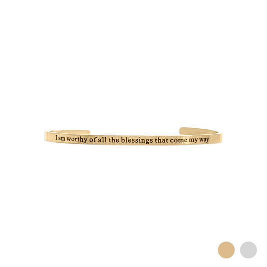 Worthy of Blessings Engraved Bangle Bracelet: 18K Gold PVD