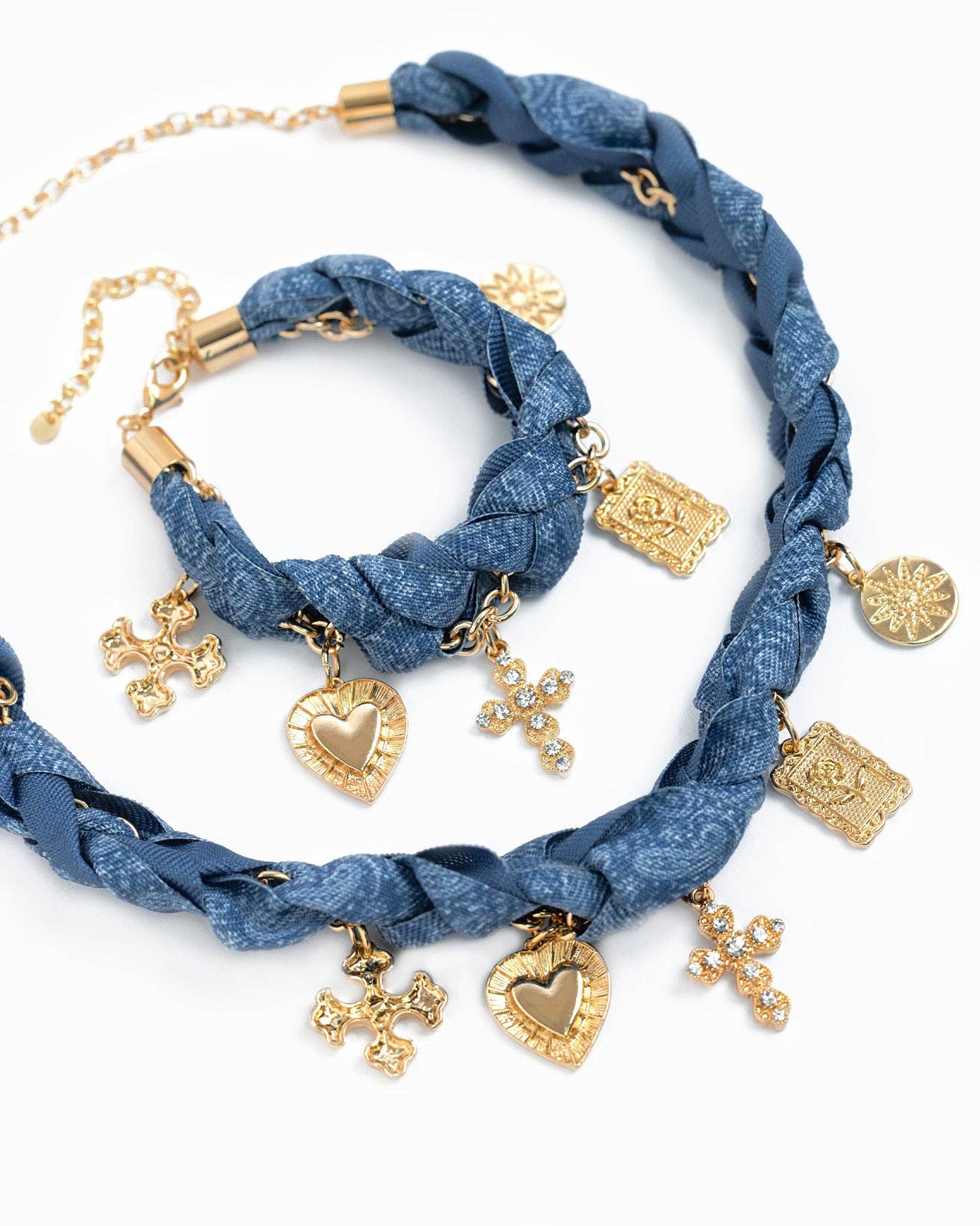 Denim Chunky Scarf Cross Heart Necklace — Blue