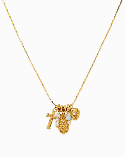 Saintly Heart – Cross & Charm Necklace: Gold Look