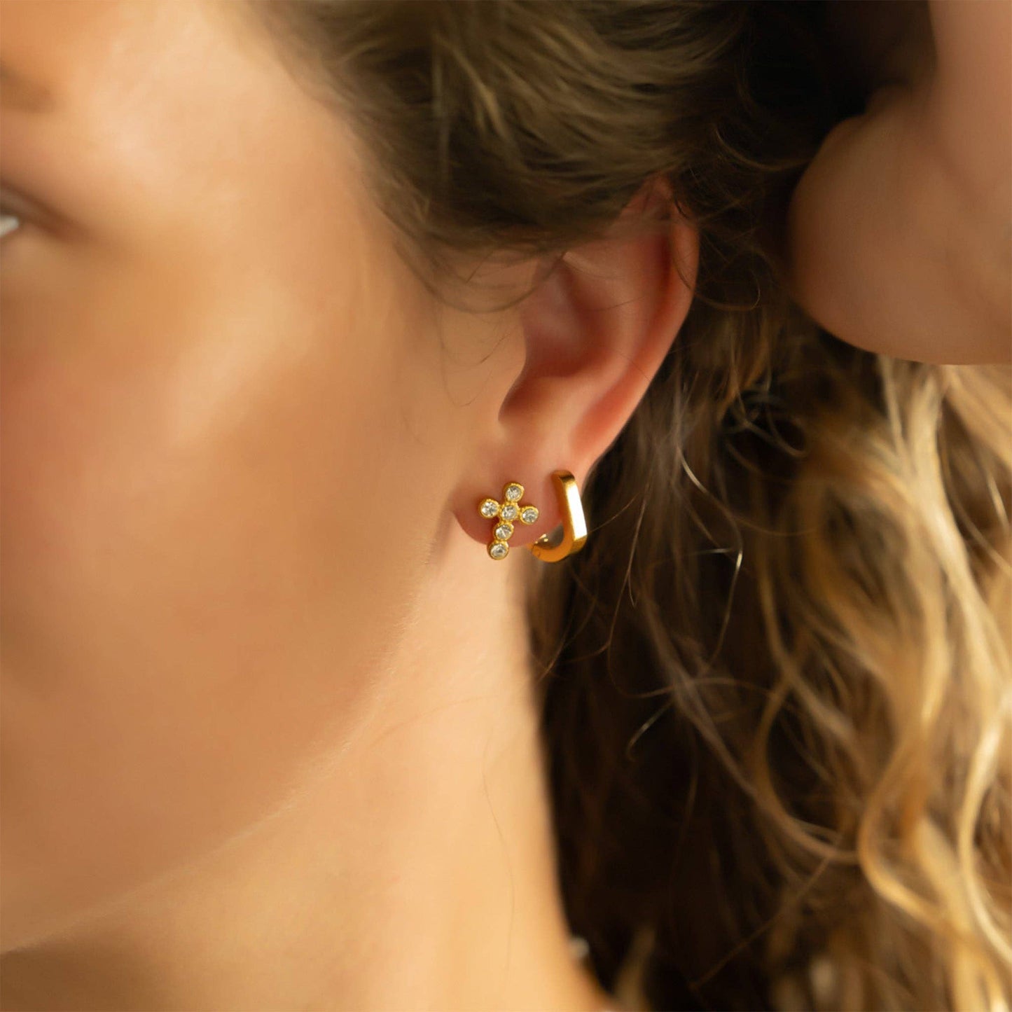 Round Stone Cross Earrings - 18K Gold PVD