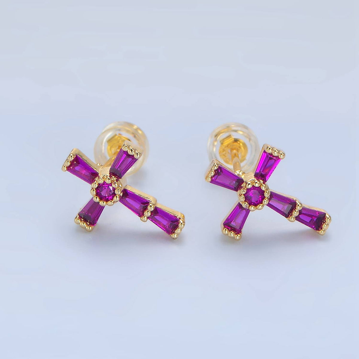 24K Gold Filled CZ Religious Cross Stud Earrings: Fuchsia