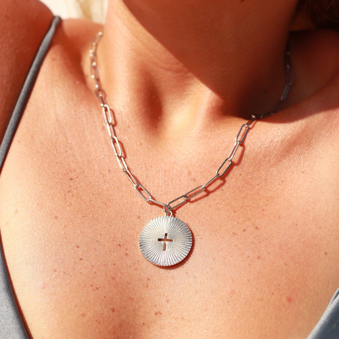 Sunburst Cross Paperclip Charm Necklace: Stainless Steel