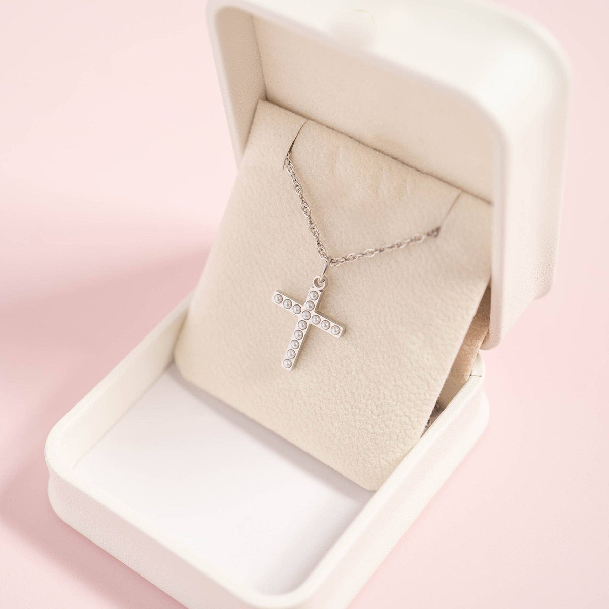 Pearl Beaded Cross Charm – 18K Gold PVD Stainless Steel (15mm)
