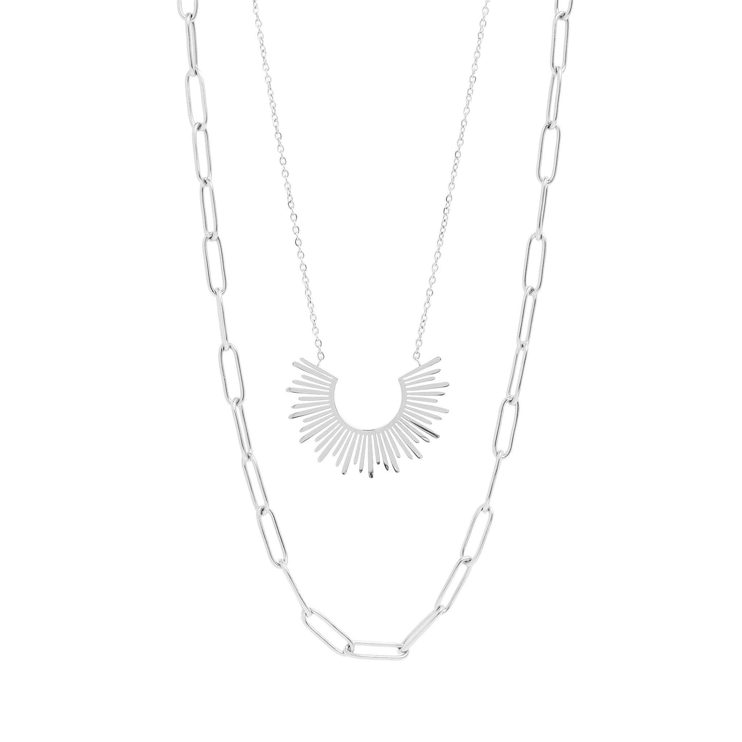 Layered Paperclip and Loop Chain Charm Necklace: Stainless