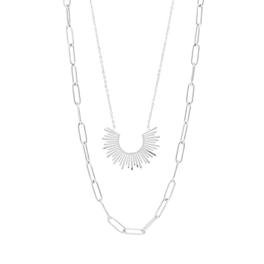 Layered Paperclip and Loop Chain Charm Necklace: Stainless