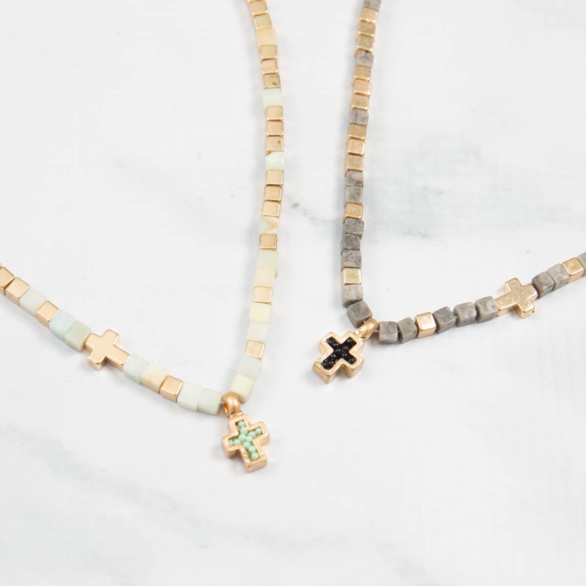 Religious Charm Cross Necklace - Natural Stone Cubic Bead: Grey Jasper