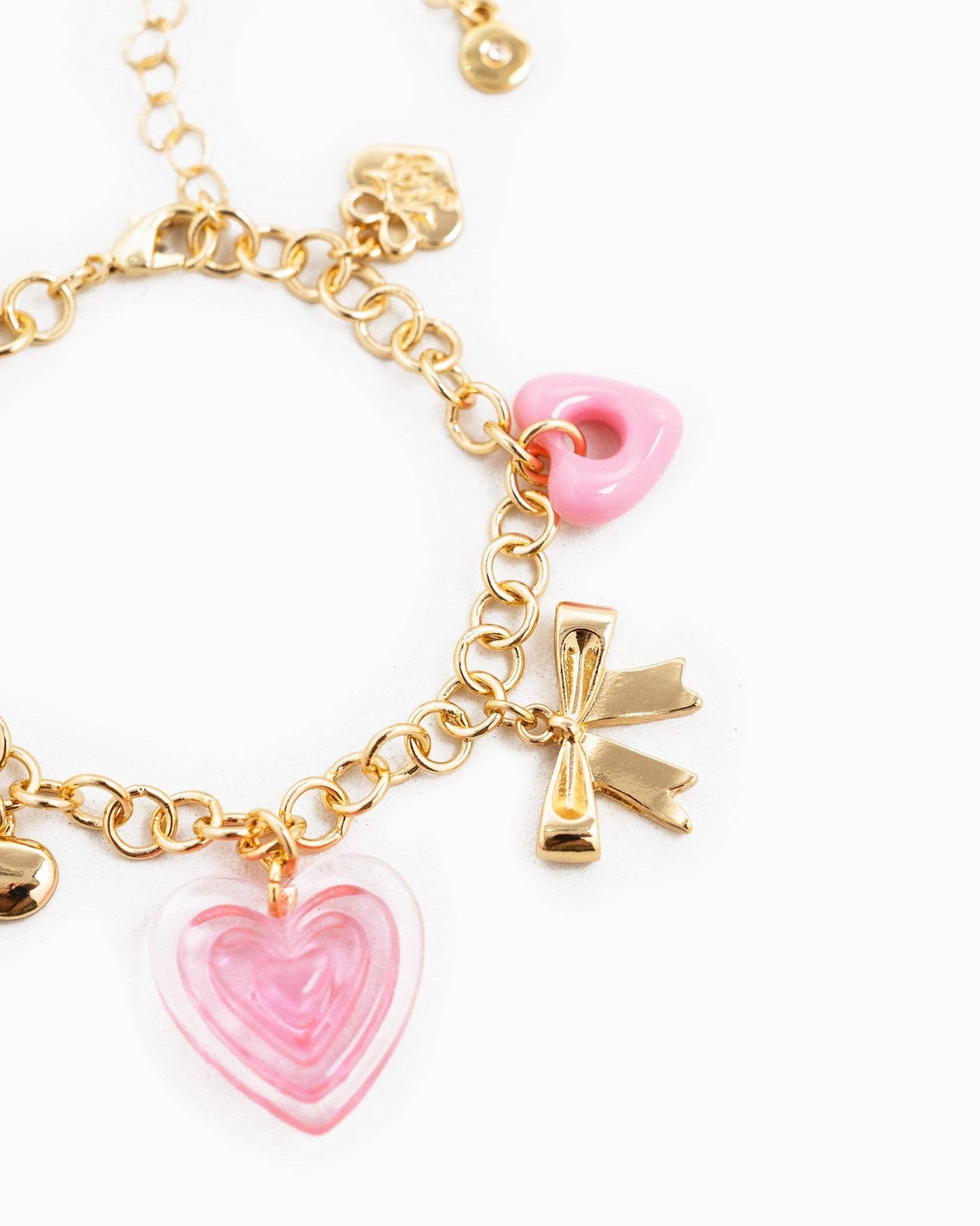 Y2K Pink Heart and Bow Charm Bracelet: Gold