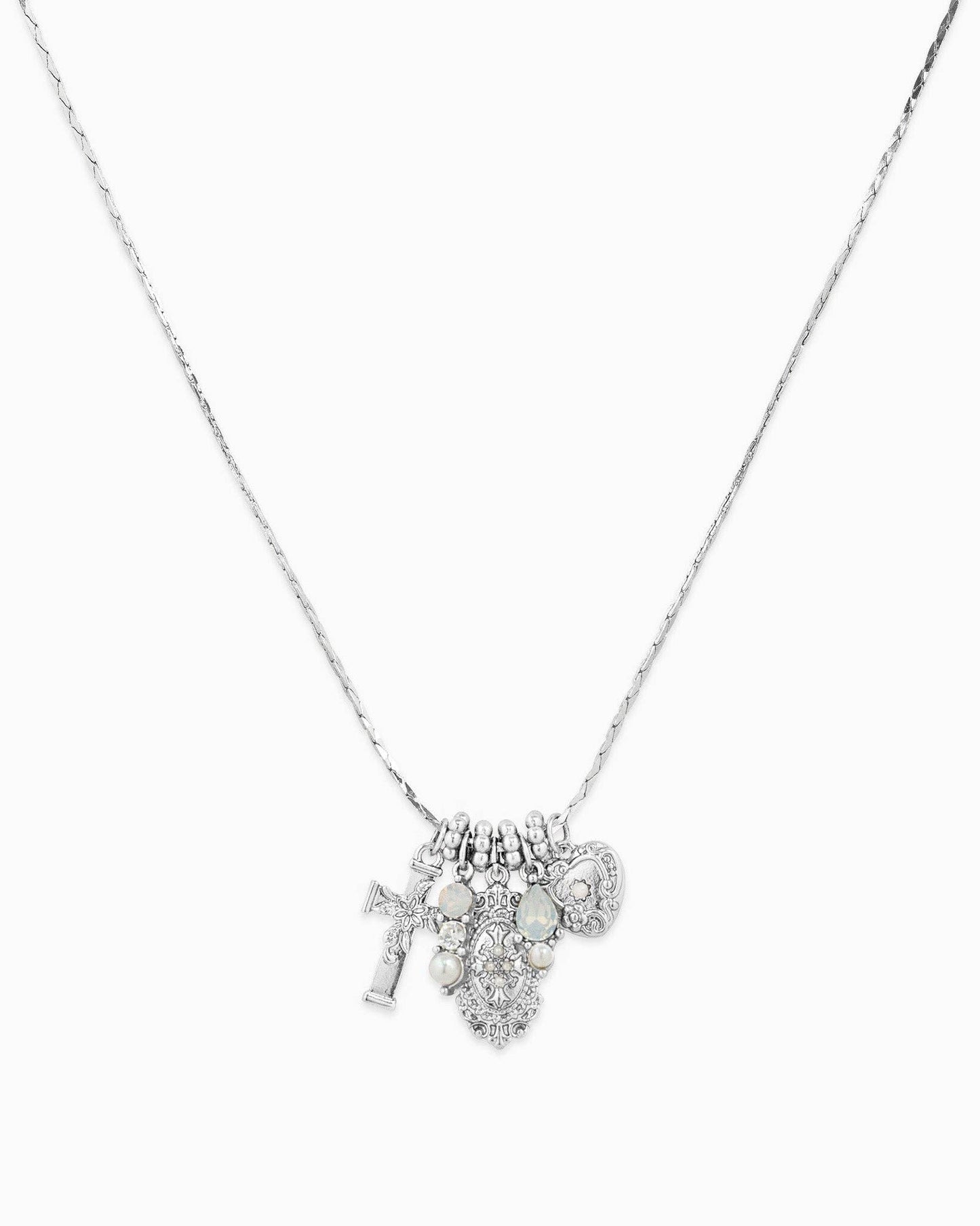 Saintly Heart – Cross & Charm Necklace: Rhodium