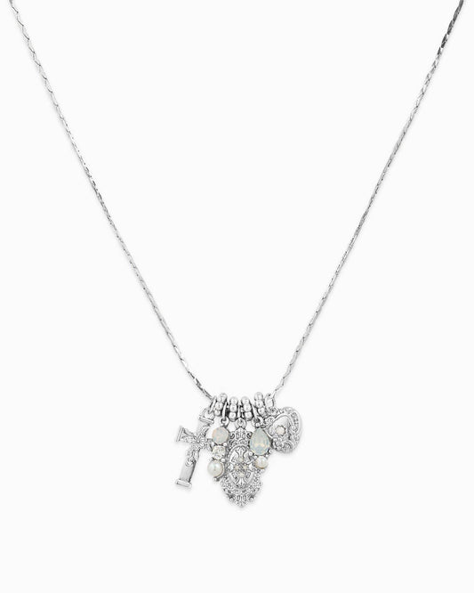 Saintly Heart – Cross & Charm Necklace: Rhodium