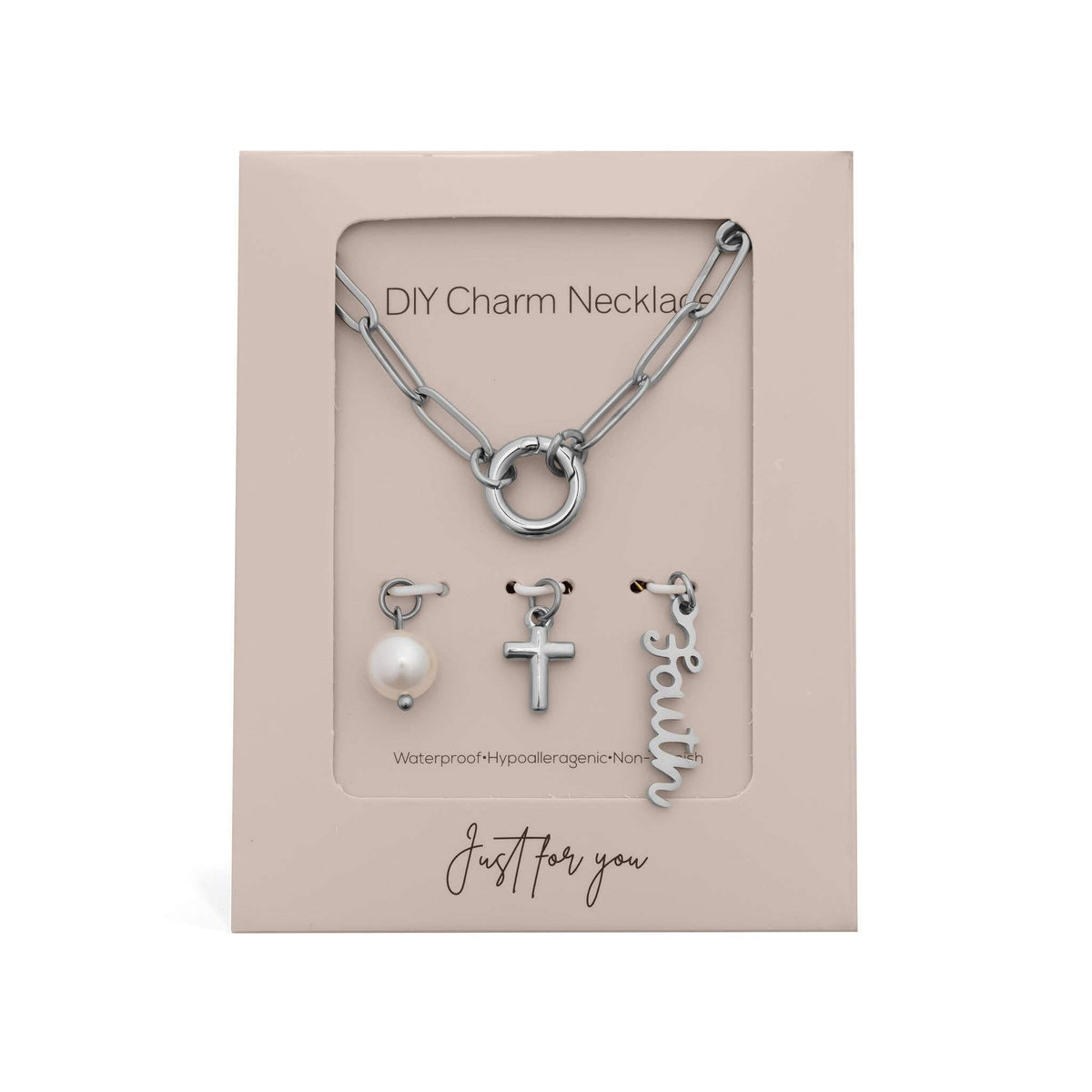 Silver DIY faith necklace gift set with charms including a cross, pearl, and the word 'faith'.