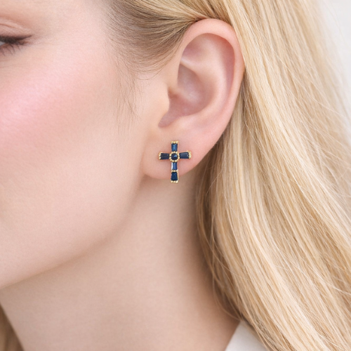 24K Gold Filled CZ Religious Cross Studs: Blue