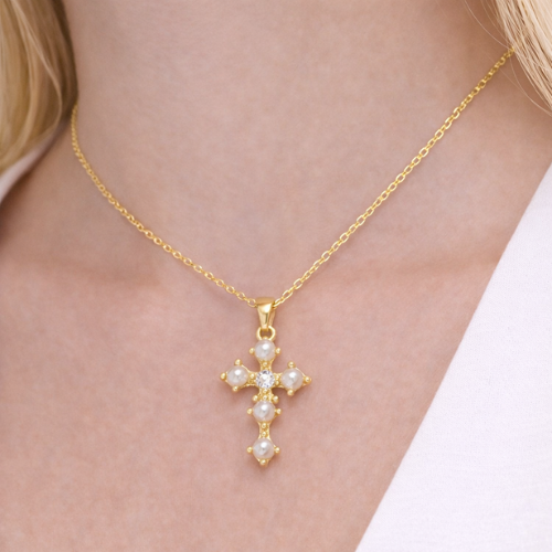 Pearl & CZ Cross Charm
