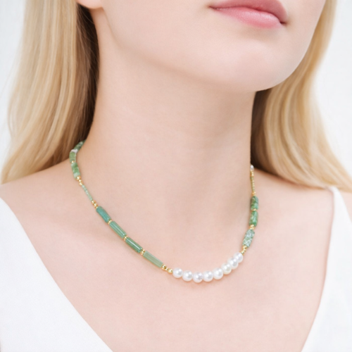 Handmade Green Jade Bead Chain Necklace with Freshwater Pearl