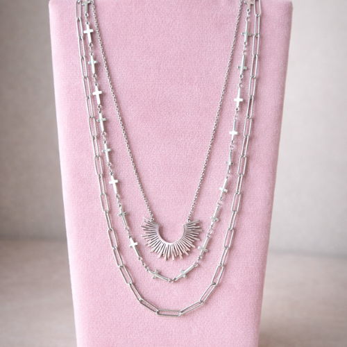 Layered Paperclip, Loop & Crucifix Chain Charm Necklace (Silver)