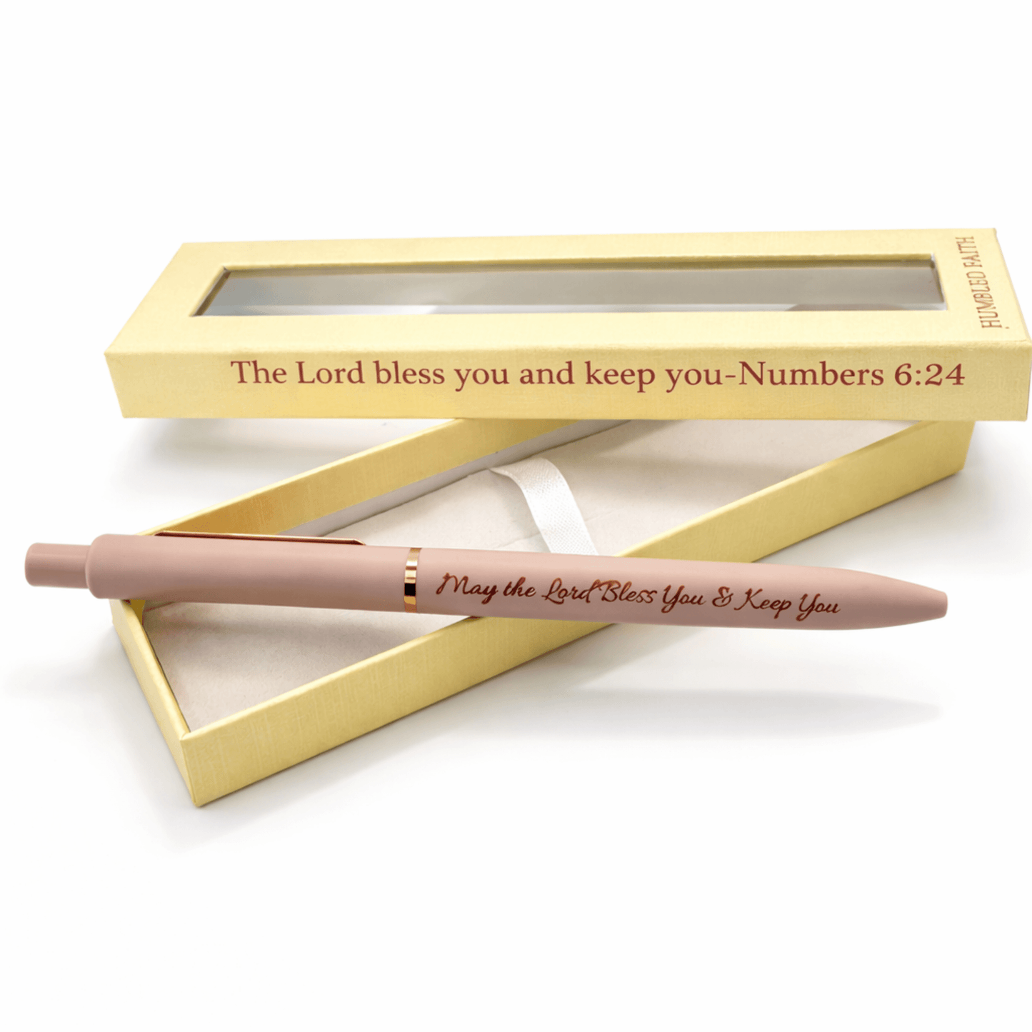 Humbled Faith Bullet Gel Pen in rose gold detailing, featuring Christian scripture gel pen with scripture box.