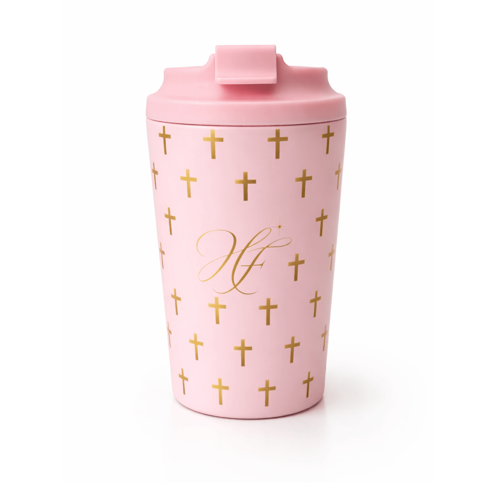 Humbled Faith travel mug in soft baby pink with gold crosses and HF monogram, perfect for expressing your faith on the go.