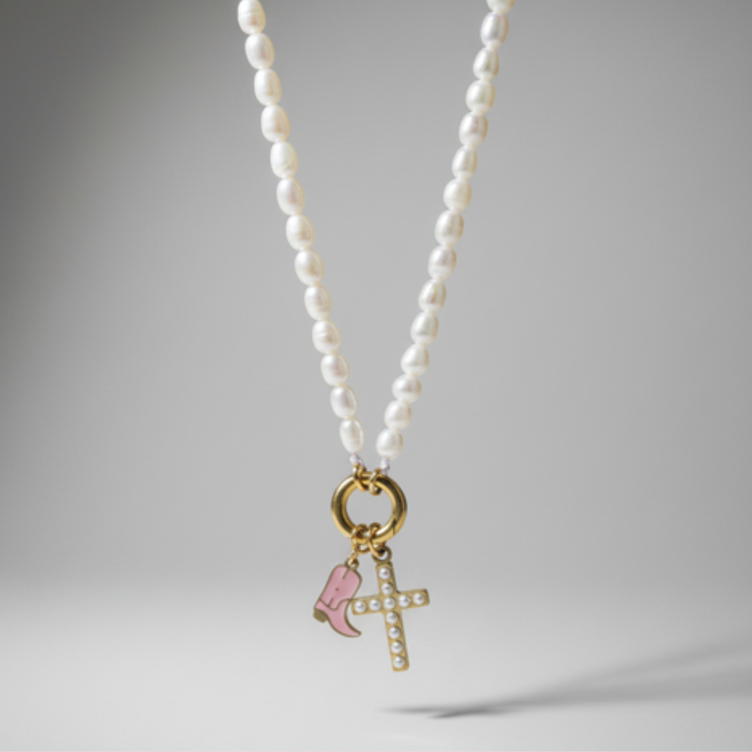 Pearl Beaded Cross Charm — 18K Gold PVD