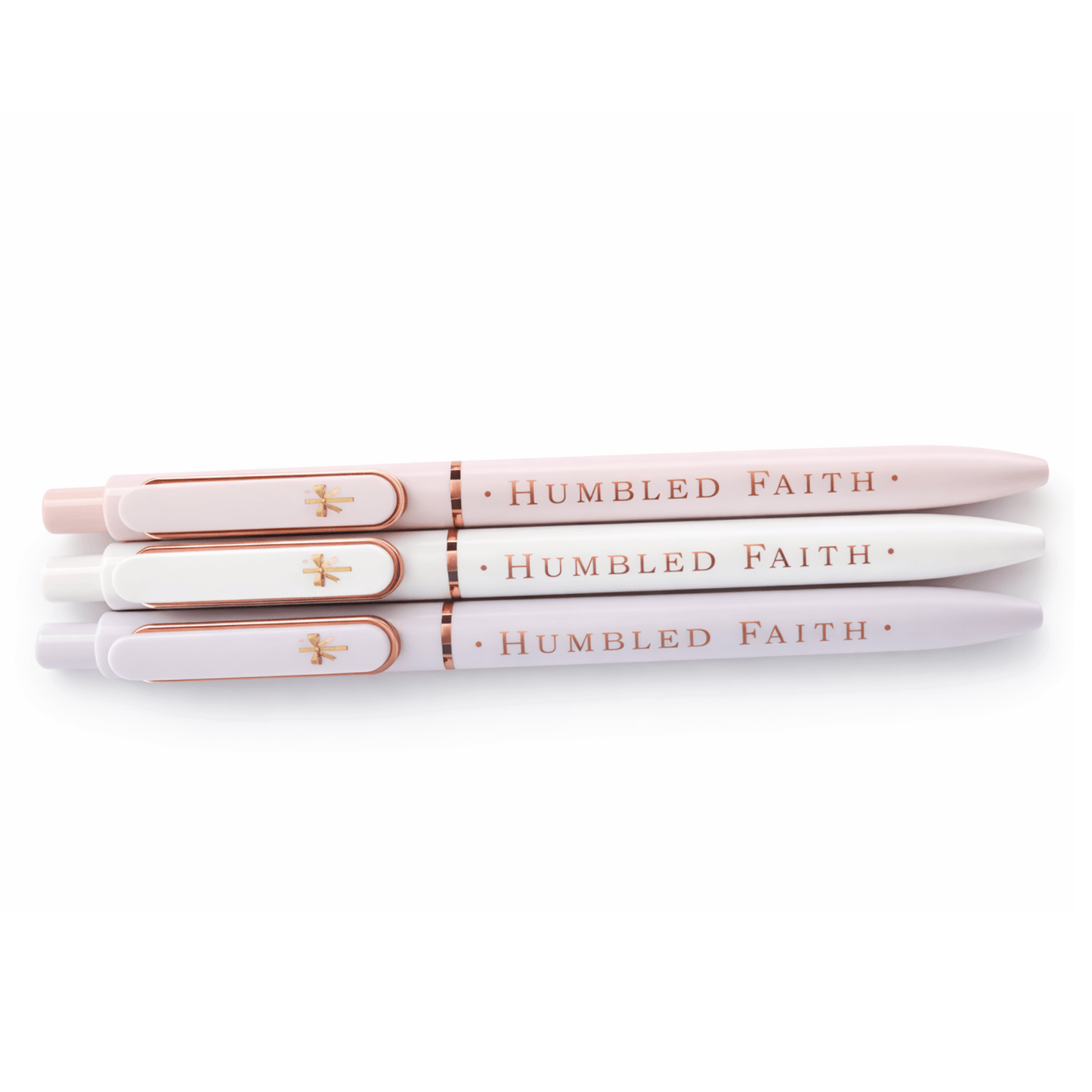 Humbled Faith Bullet Gel Pens in pastel colors showcasing Christian scripture gel pen with elegant rose gold detailing.