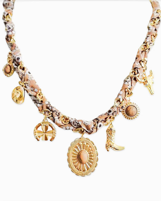 Paisley Scarf Western Concho Multi Charm Necklace: Beige
