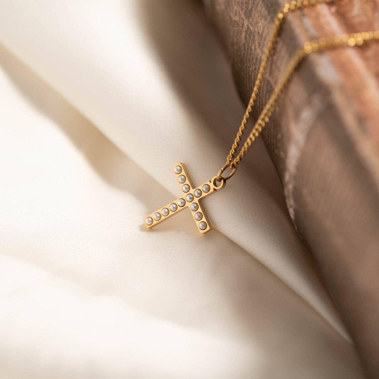 Pearl Beaded Cross Charm — 18K Gold PVD