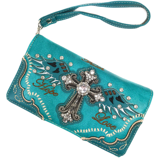 Hope Love Faith Cross Crossbody Wristlet Wallet: Turquoise