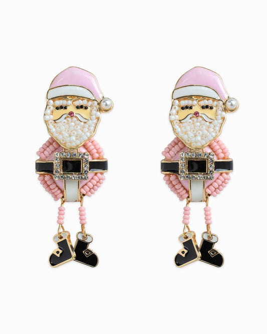 Christmas Pink Santa Dancing Beaded Dangle Earrings