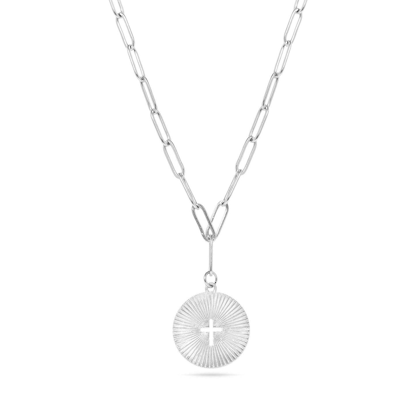 Sunburst Cross Paperclip Charm Necklace: Stainless Steel