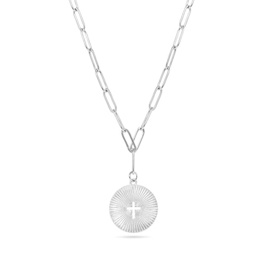 Sunburst Cross Paperclip Charm Necklace: Stainless Steel