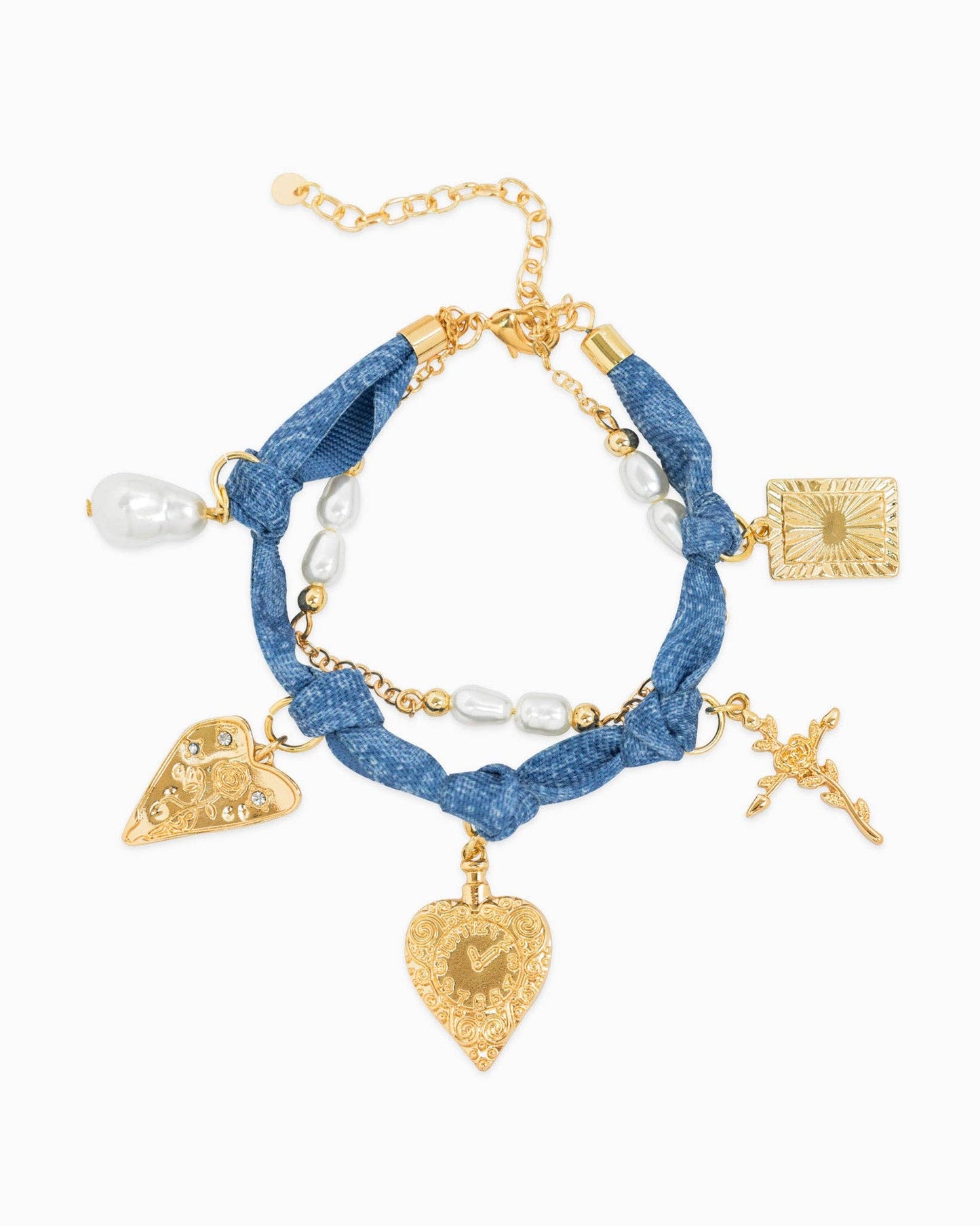 Pearl Layered Denim Bandana Heart Bracelet — Blue