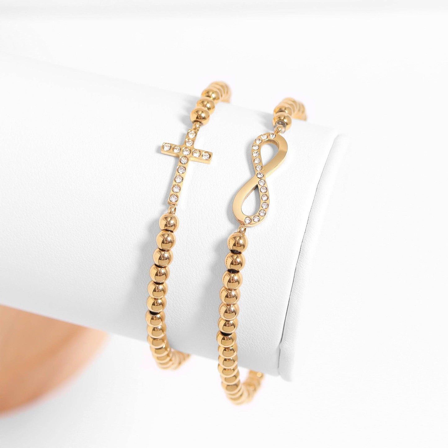 Cross Beaded Stretch Bracelet: 18K Gold PVD CZ