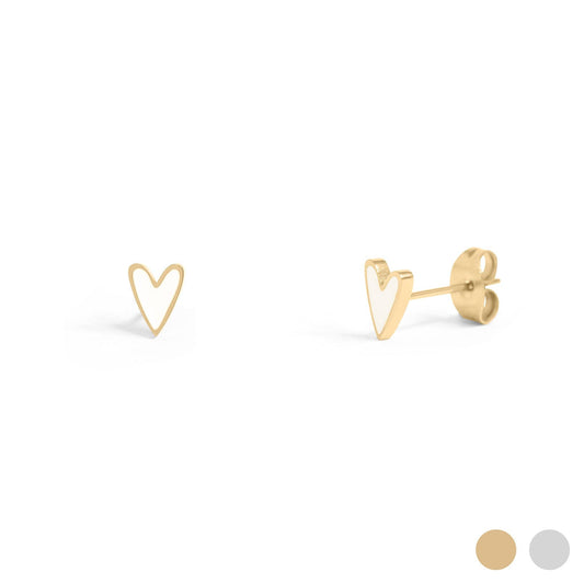 White Heart Stud Earrings: 18K Yellow Gold PVD Stainless Steel