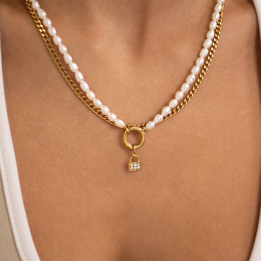 Stainless Steel Freshwater Pearl Charm Holder Necklace: Gold