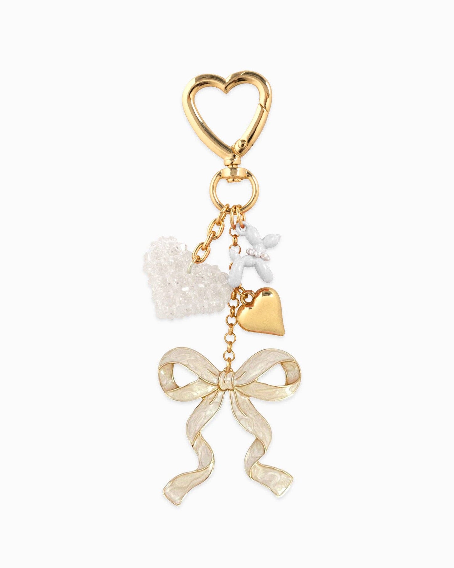 Sweet Bow with Beaded Heart Bag Charm — White