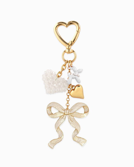 Sweet Bow with Beaded Heart Bag Charm — White