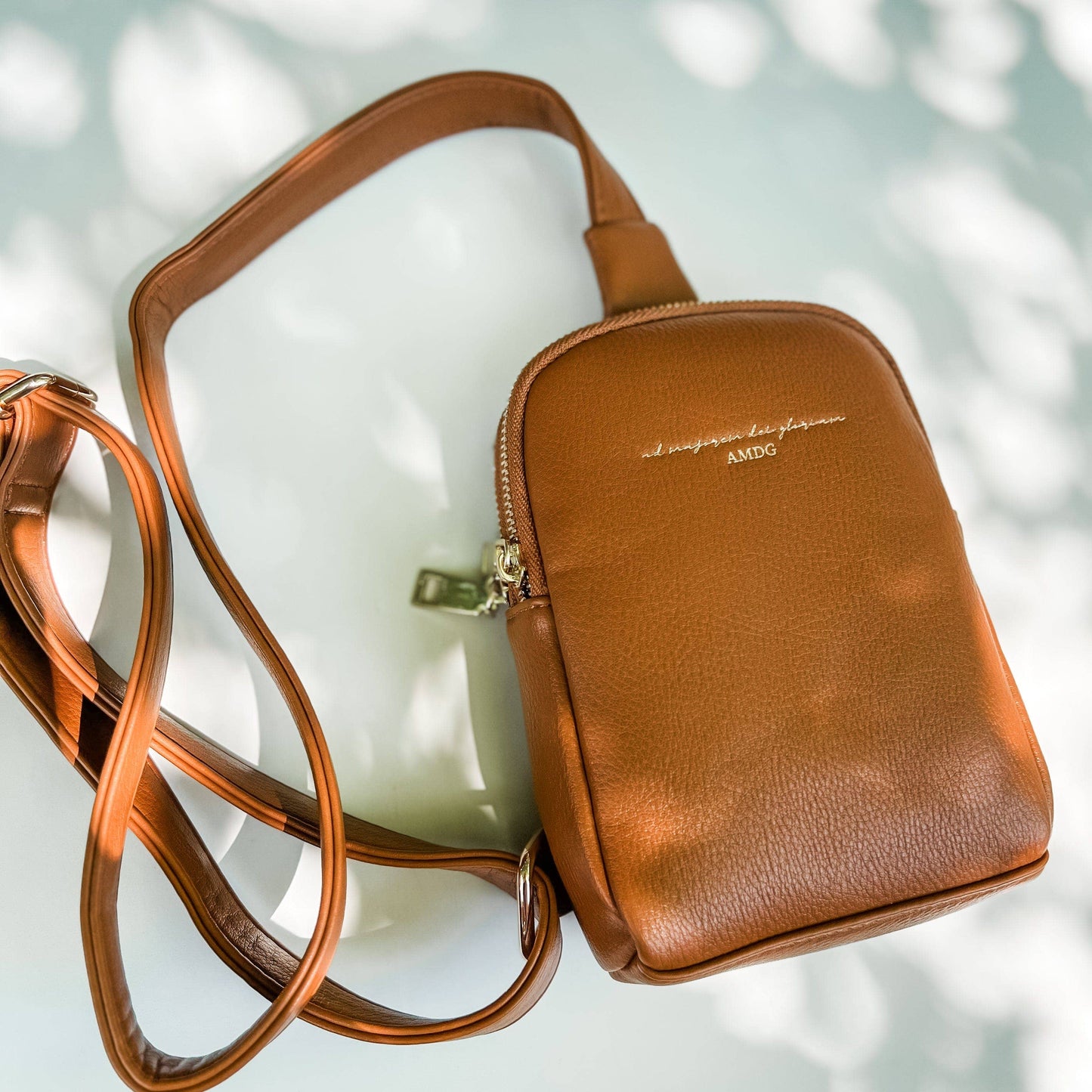 “For the Greater Glory of God” Crossbody Bag — Camel