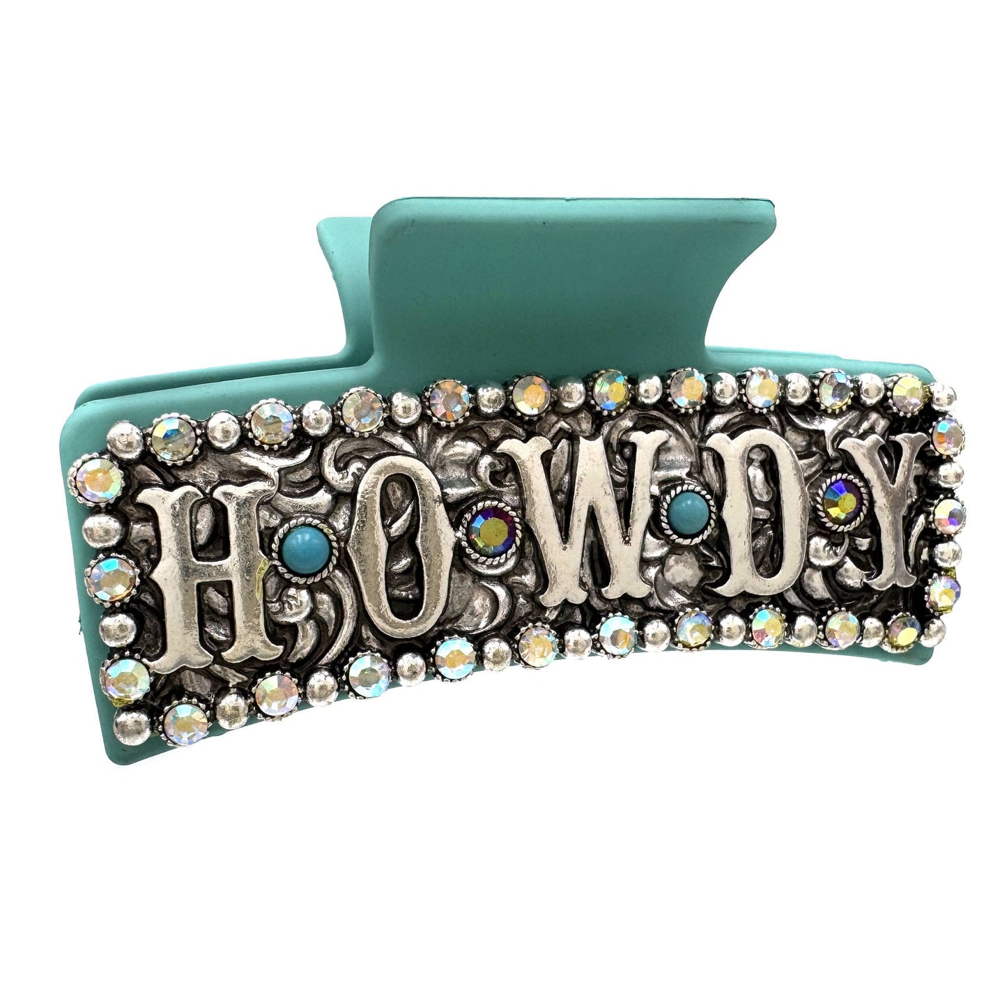Western HOWDY Rhinestone Silver Turquoise Hair Claw