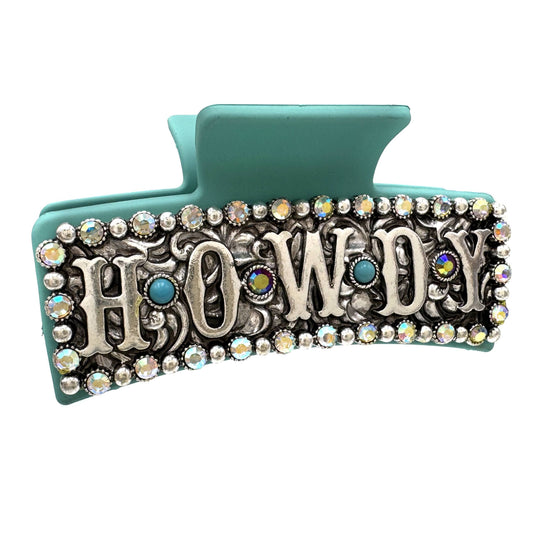 Western HOWDY Rhinestone Silver Turquoise Hair Claw