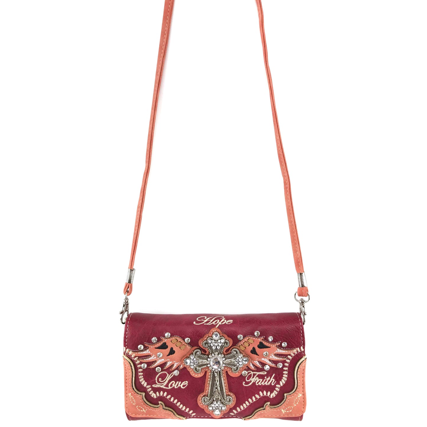 Hope Love Faith Cross Crossbody Wristlet Wallet: Red