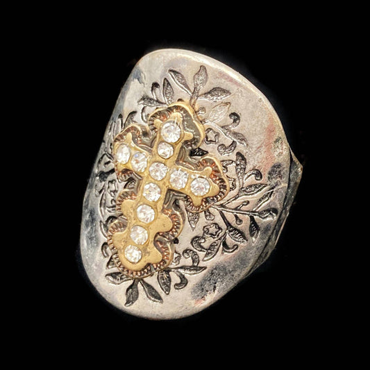 Western Cross Filigree Rhinestone Stretch Ring: Silver