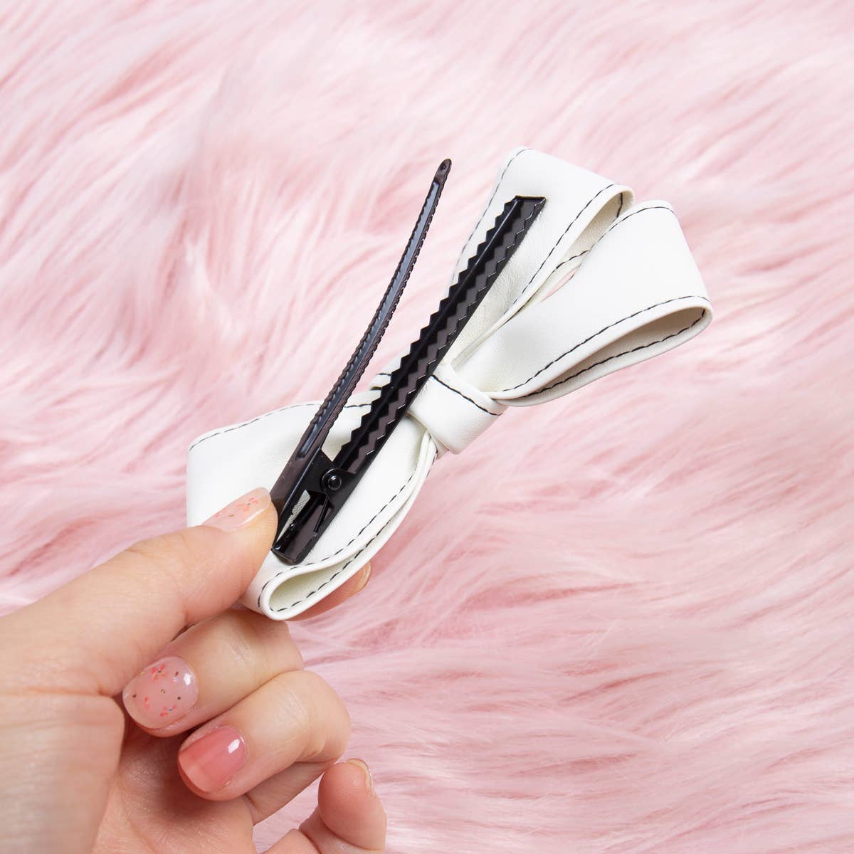 Faux Leather Bow Hair Clip Pin: Ivory