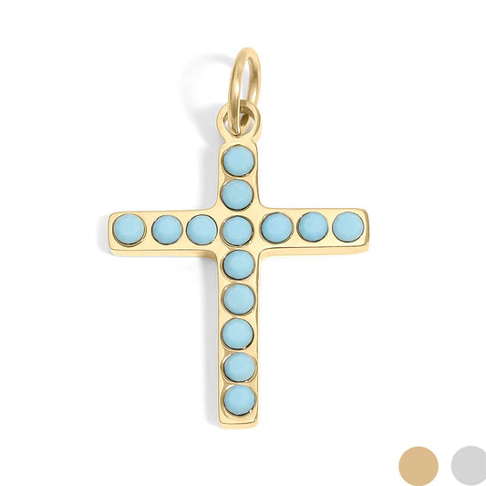Turquoise Stone Cross Charm — 18K Gold