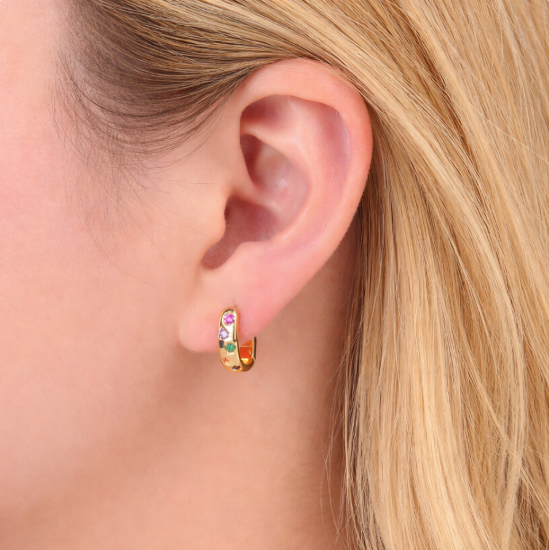 24K Gold Filled Multi-Colour CZ U-Shaped Huggie Earrings