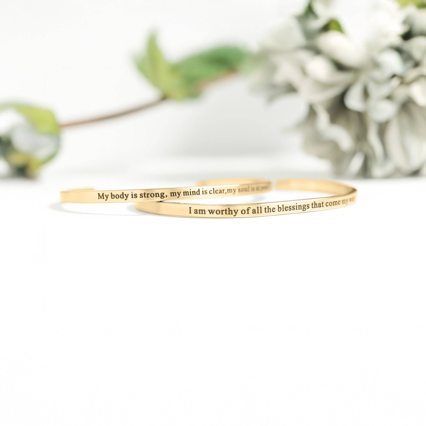 Worthy of Blessings Engraved Bangle Bracelet: 18K Gold PVD