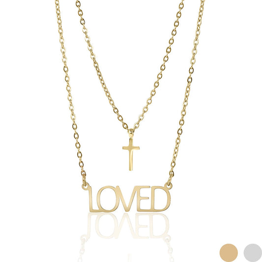 Stainless Steel "Loved" Layered Cross Necklace: Gold