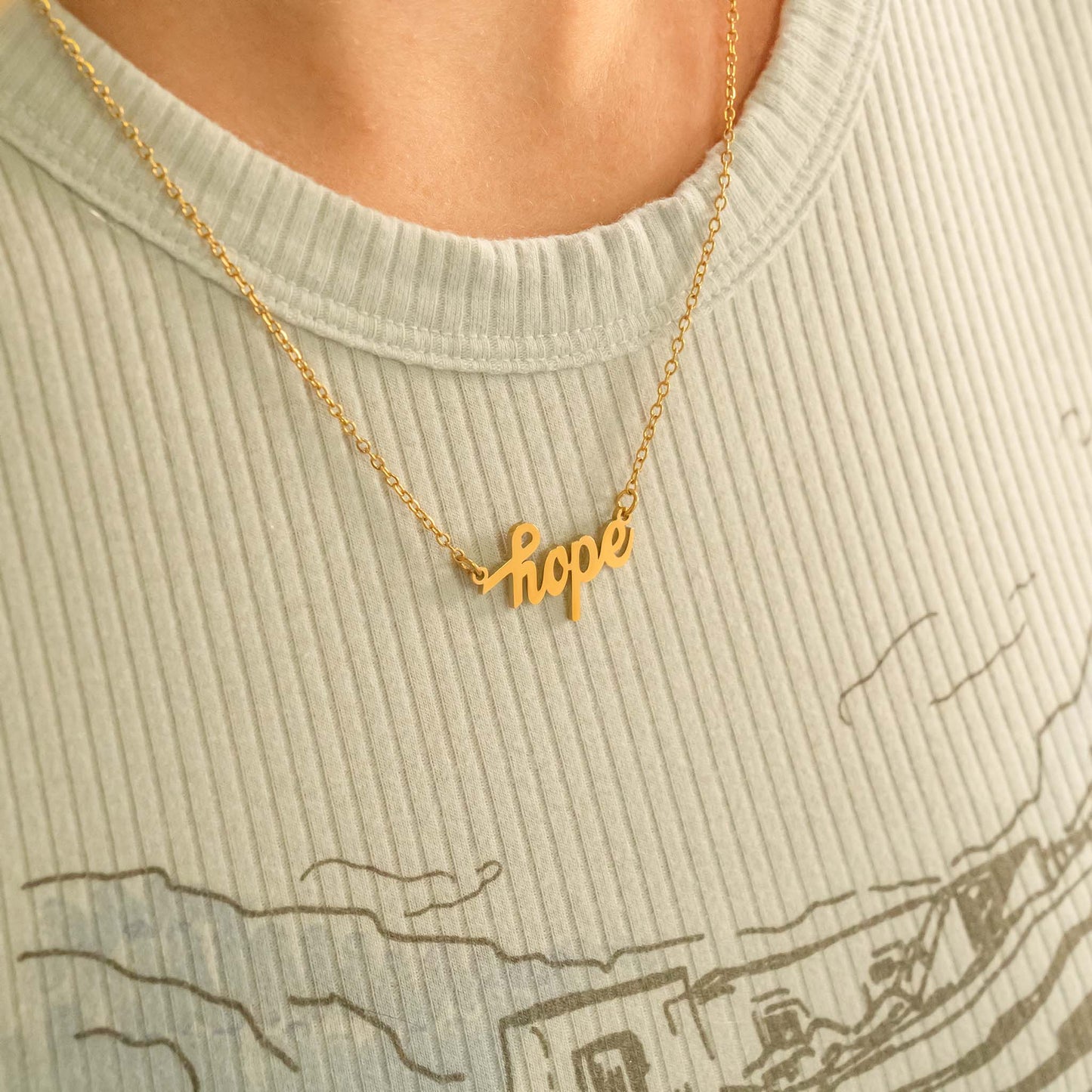 "Hope" Script Charm Necklace: 18K Gold PVD Stainless Steel