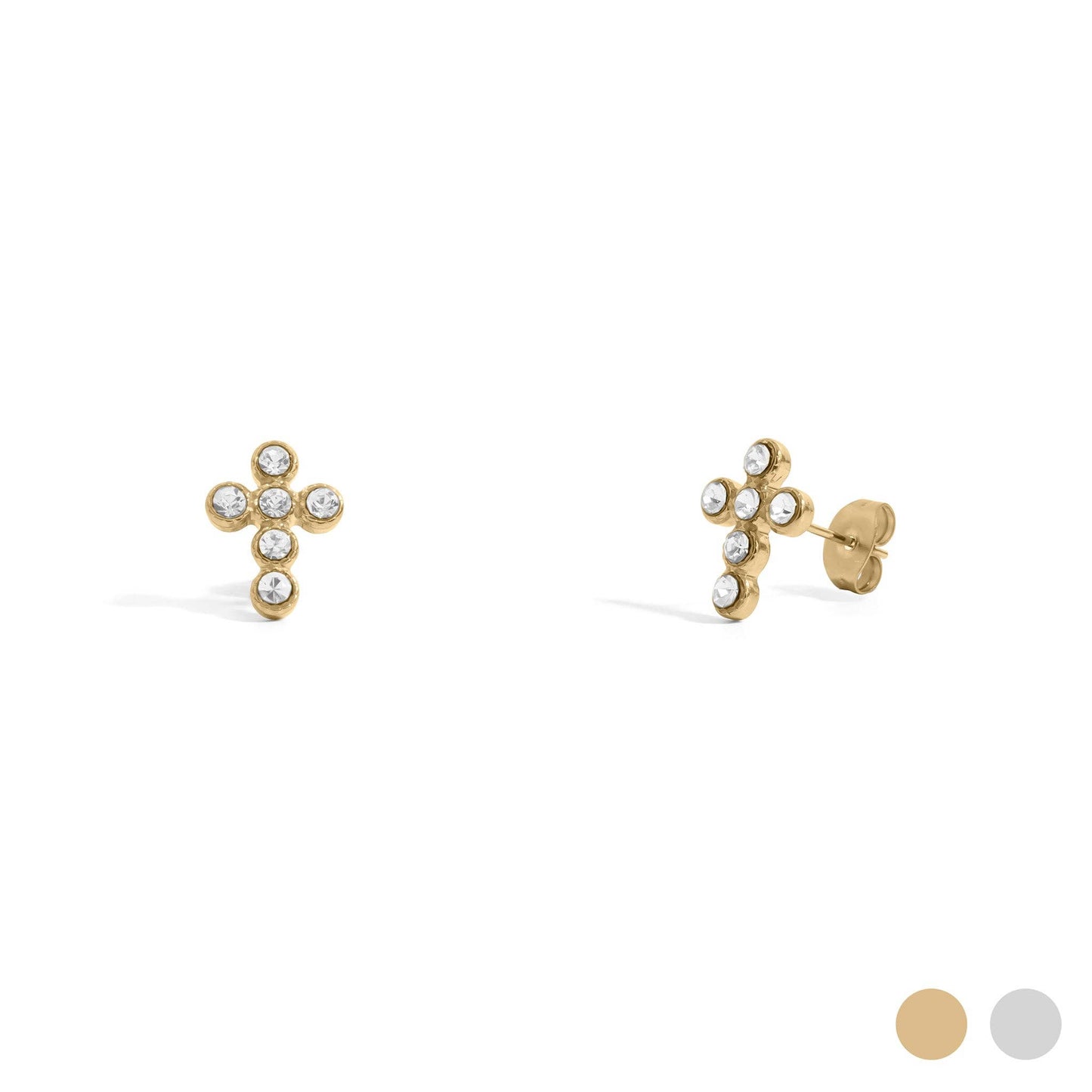 Round Stone Cross Earrings - 18K Gold PVD