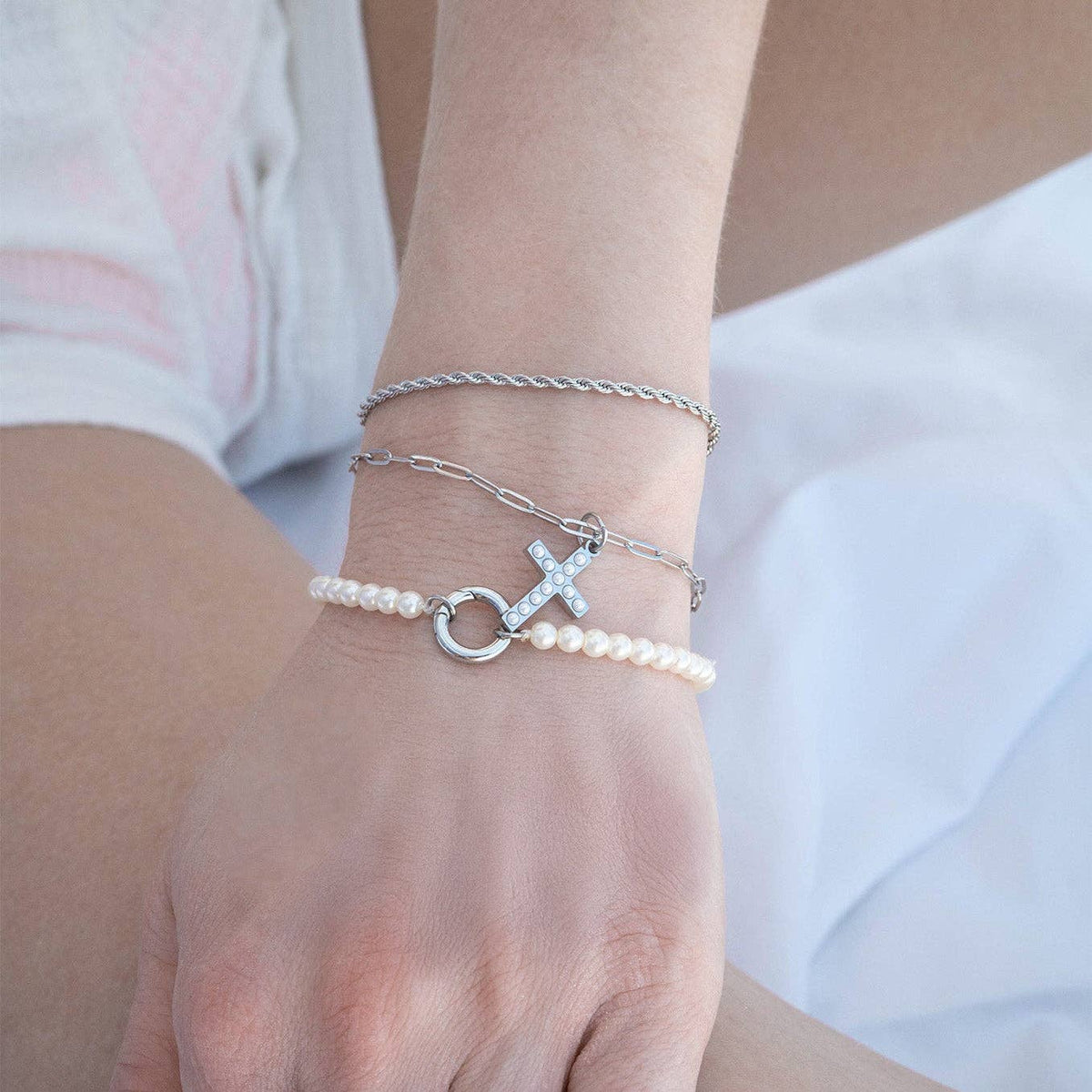 Pearl Beaded Cross Charm – 18K Gold PVD Stainless Steel (15mm)